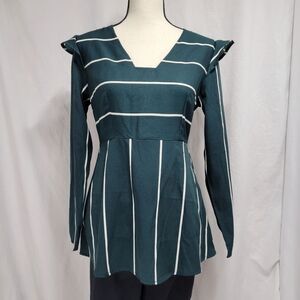 Striped Teal V-Neck Long-Sleeve Blouse
